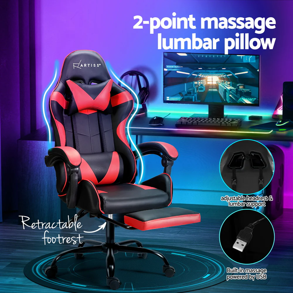 Artiss 2 Point Massage Gaming Office Chair Footrest Red - Nurns