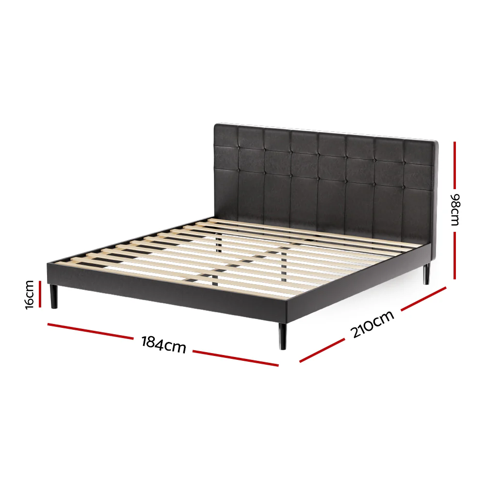 Eloise Bed Frame Base with LED Lights Charge Ports Leather - Black King - Nurns