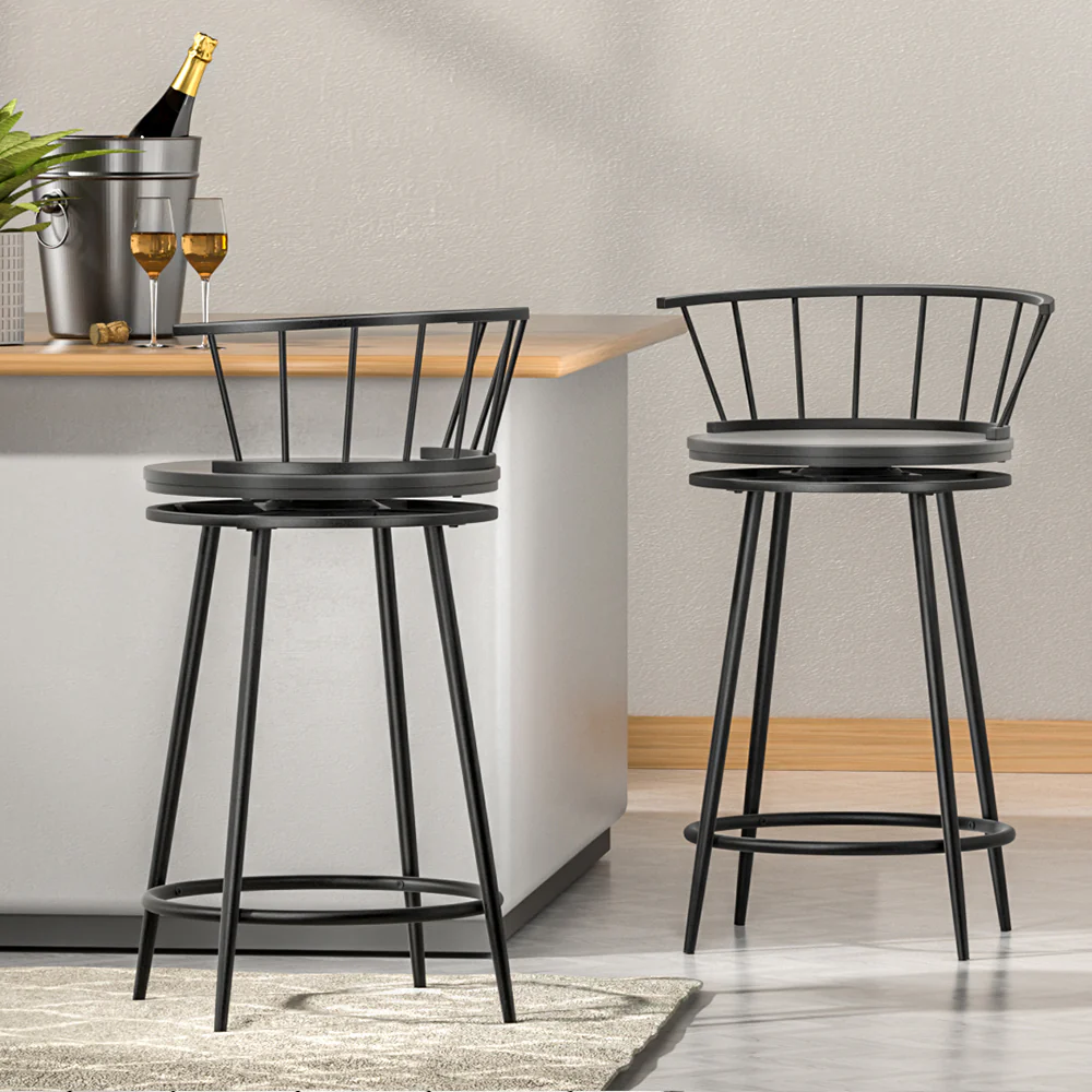 Set of 2 Berne Bar Stools Kitchen Stools Wooden Dining Chair Swivel Metal Chairs - Black - Nurns