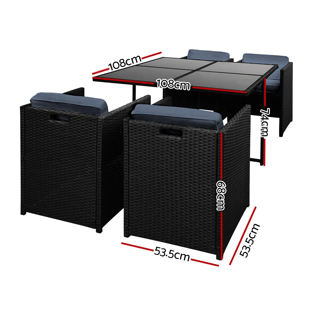 Corbridge 4-Seater Wicker 5-Piece Outdoor Dining Set - Black - Nurns