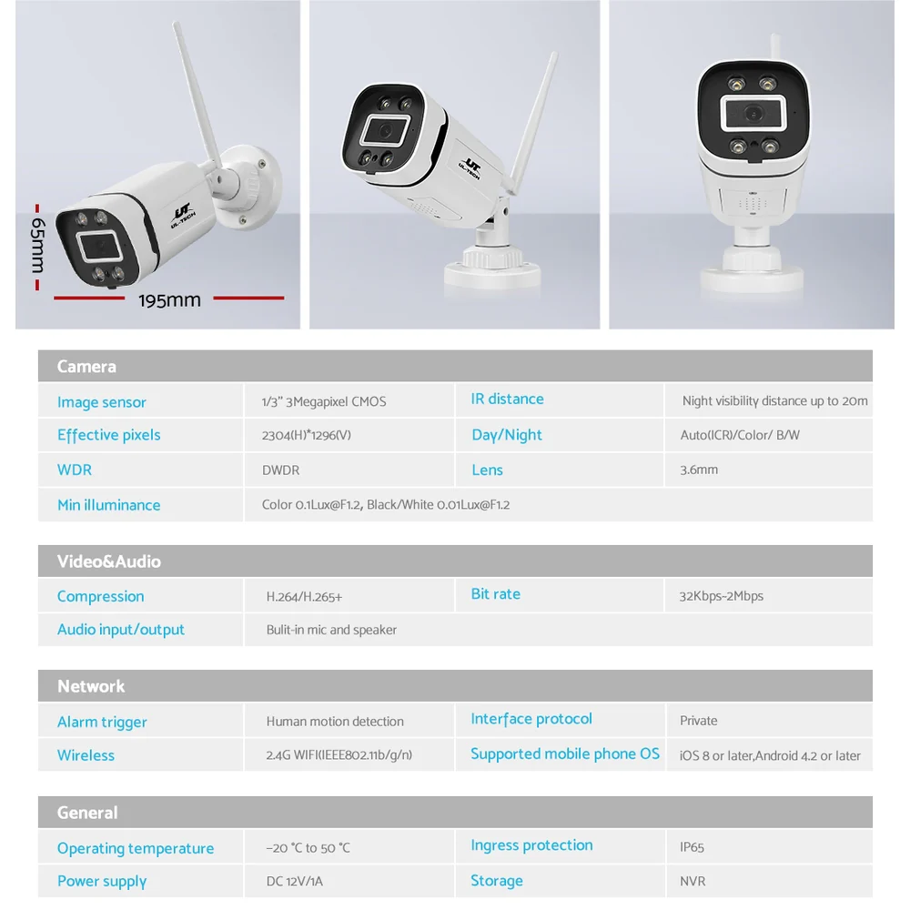 Wireless CCTV Security System 8CH NVR 3MP 8 Square Cameras - Nurns