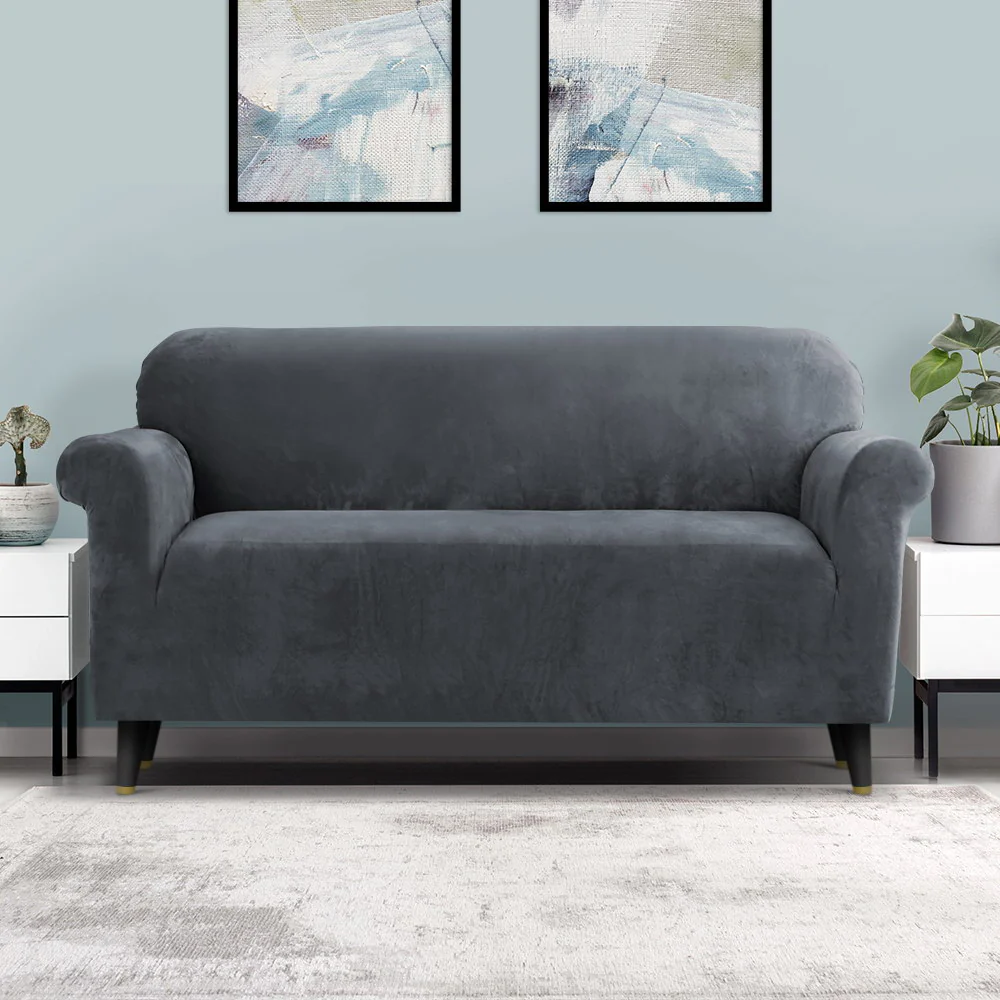 Velvet Sofa Cover Plush Couch Cover Lounge Slipcover 3-Seater Grey - Nurns