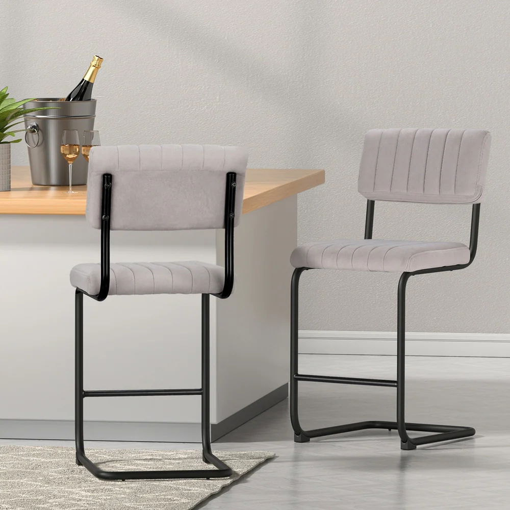 Set of 4 Nairobi Bar Stools Velvet Chairs - Grey - Nurns