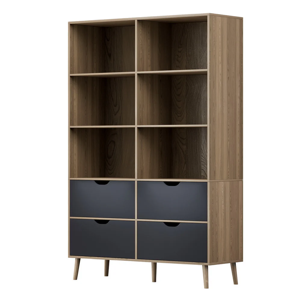 Artiss Bookshelf With 4 Drawers - Mitzi Oak And Blue - Nurns