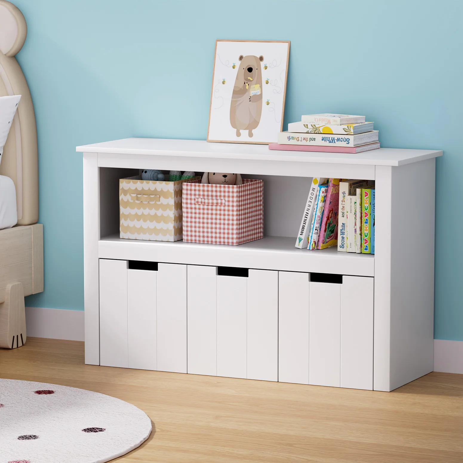 Kids Bookshelf 3 Drawers Storage Children Bookcase Toy Organiser Display - White - Nurns