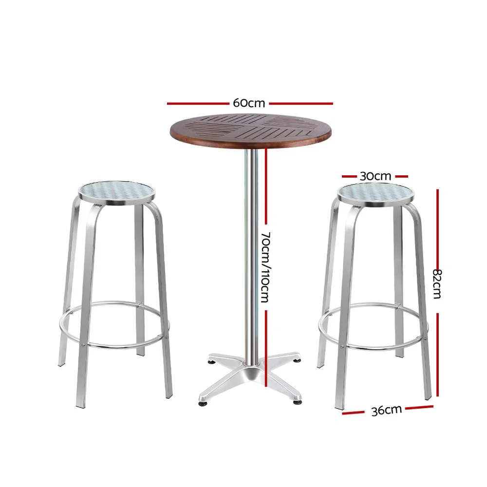 Xander 2-Seater Bar Table Stools Adjustable Aluminium Cafe Wood 3-Piece Outdoor Bistro Set - Silver - Nurns