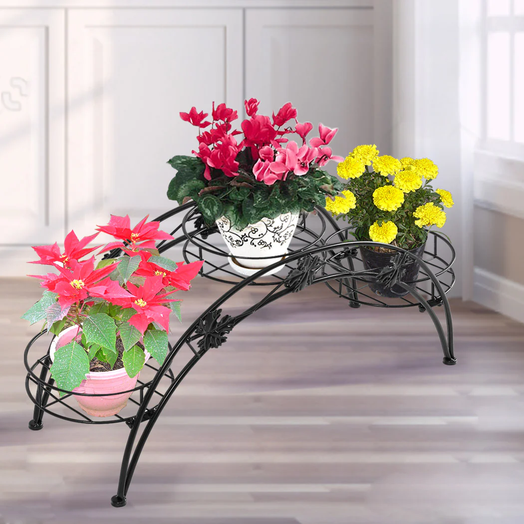 Plant Stand Outdoor Indoor Metal Flower Pots Rack Corner Planter Shelf - Black - Nurns