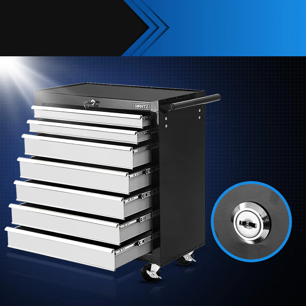 Tool Chest and Trolley Box Cabinet 7 Drawers Cart Garage Storage Black and Silver - Nurns