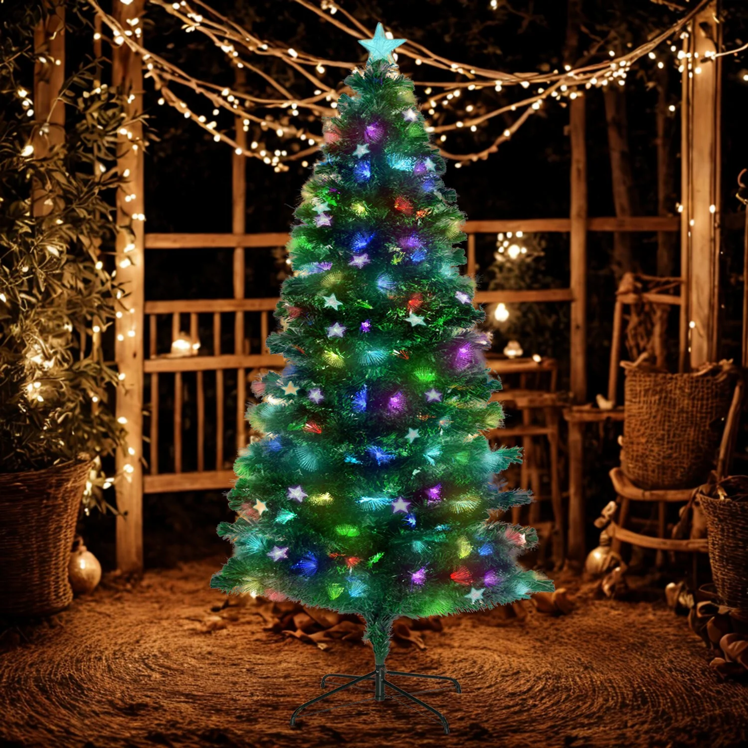 6ft 1.8m 250 Tips Enchanted Pre Lit Fibre Optic Christmas Tree Stars Xmas Decor - Nurns