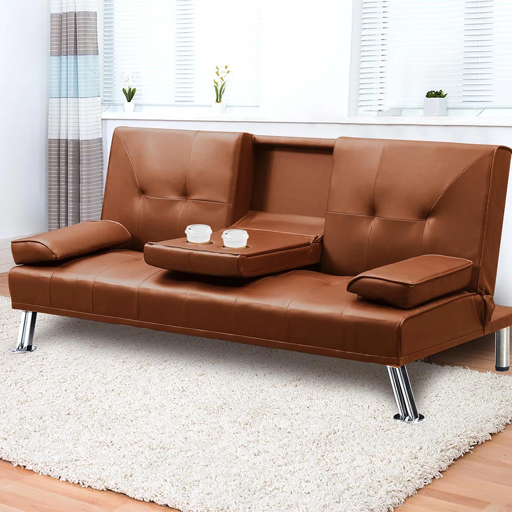 Marny 3-Seater Adjustable Sofa Bed Lounge Futon Couch Leather Beds Cup Holder Recliner - Brown - Nurns
