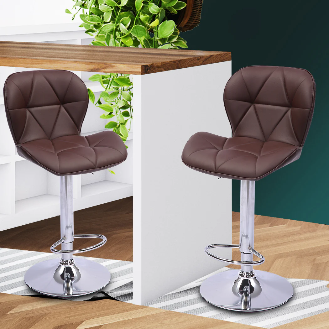 Set of 2 Orleans Bar Stools Stool Swivel Gas Lift Kitchen Leather Chair Chairs Metal Barstools - Brown - Nurns