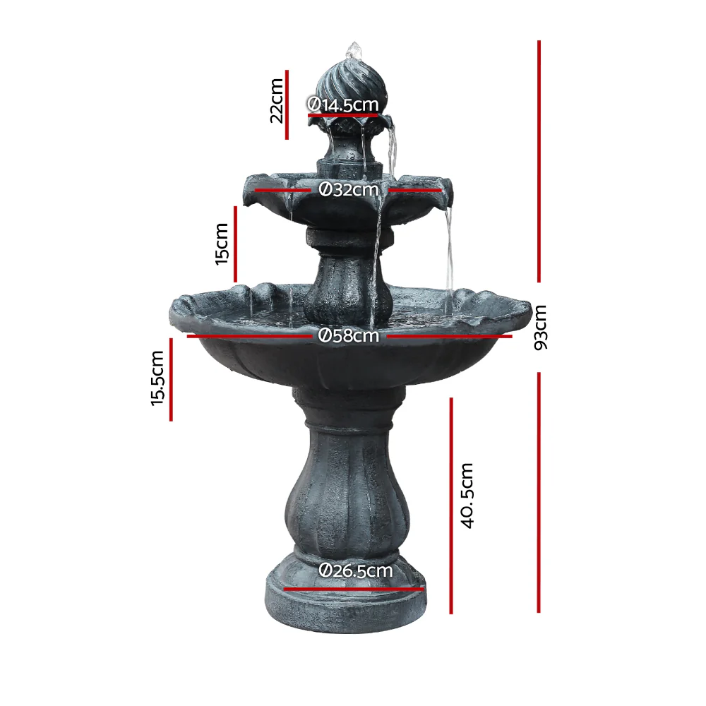 Solar Water Feature 3-Tier Fountain with Pump Kit Bird Bath 93cm - Black - Nurns