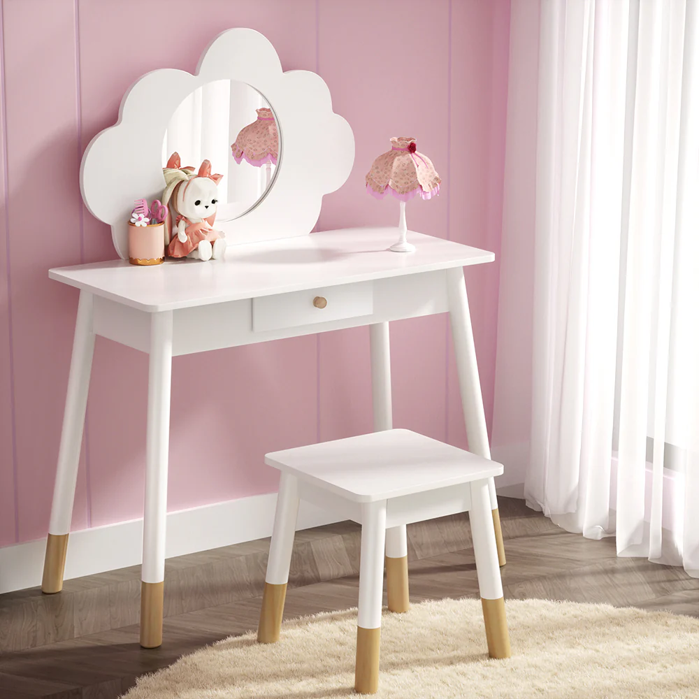 Kids Dressing Table Chair Set Vanity Makeup Wooden Leg Mirror Drawer - Nurns