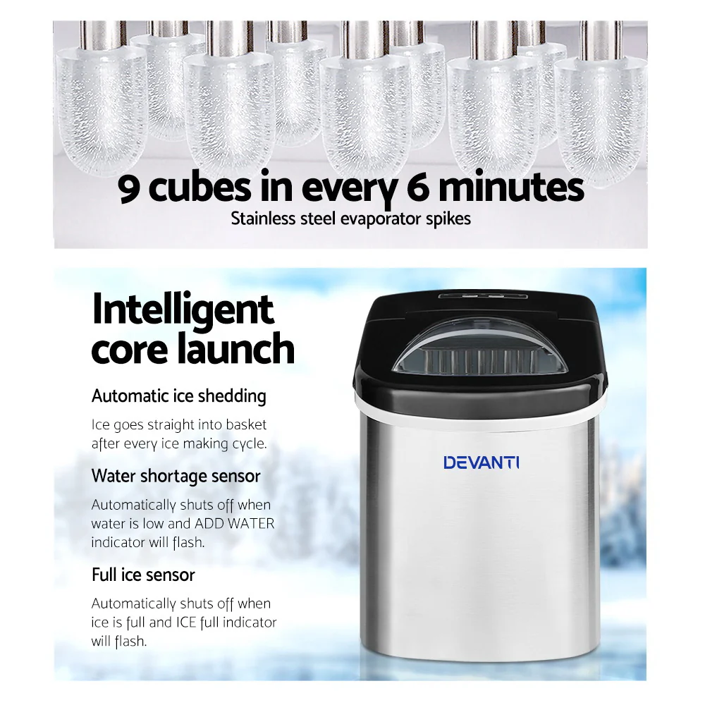 Devanti 2.4L Stainless Steel Portable Ice Cube Maker - Nurns