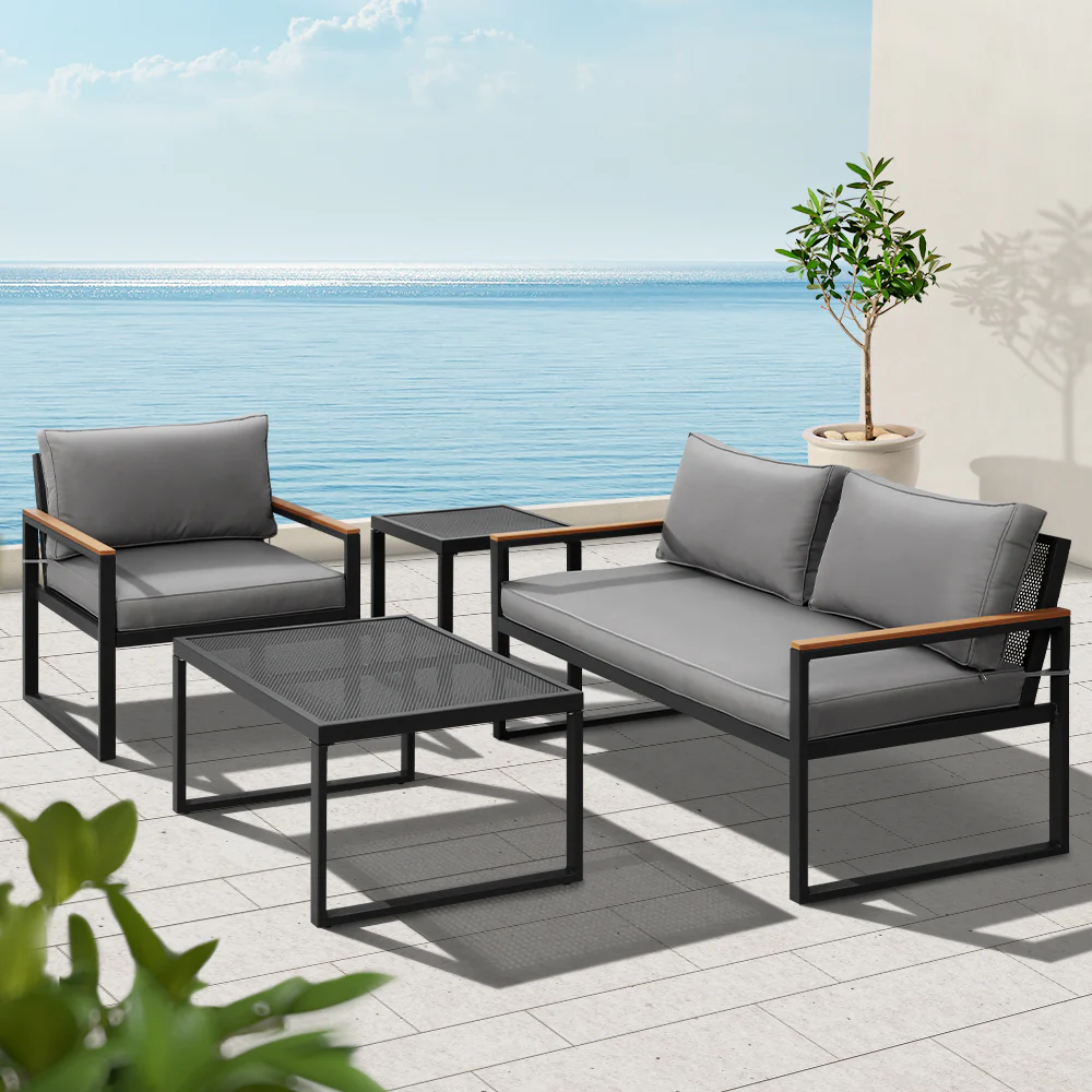 Odilia 3-Seater Corner Modular Steel 4-Piece Outdoor Sofa - Black - Nurns