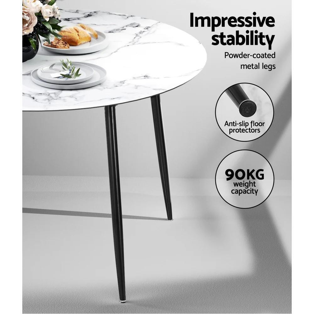 Dining Table Round Wooden Table With Marble Effect Metal Legs 110CM White - Nurns