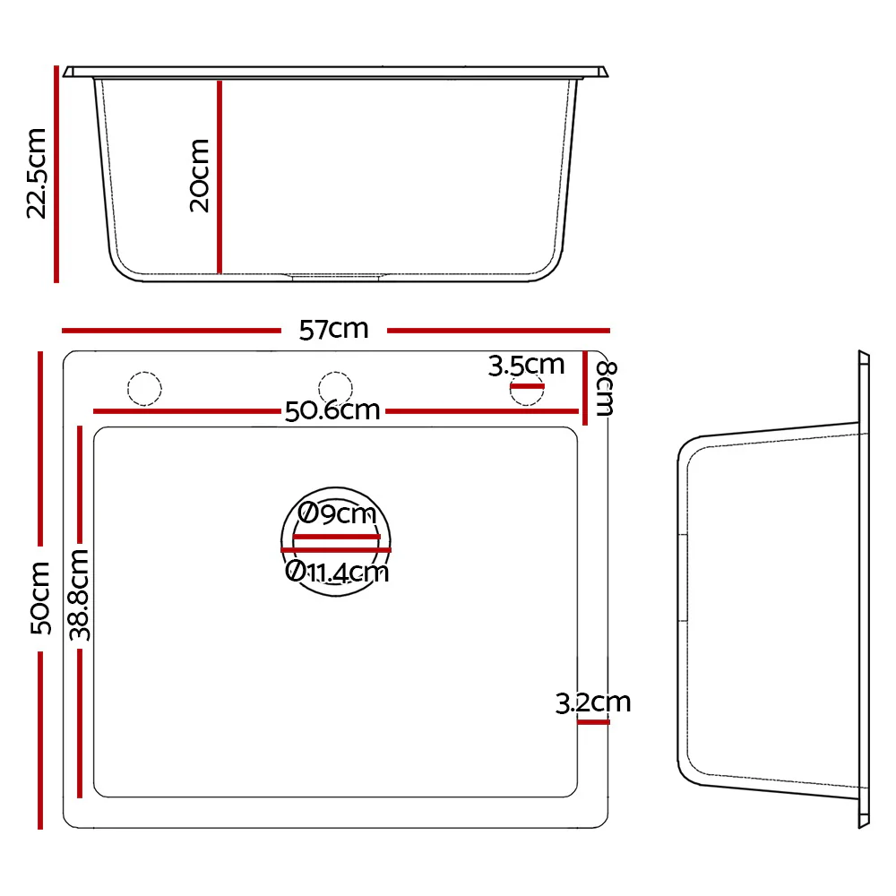 Stone Kitchen Sink 570x500Mm Granite Under or Top mount Basin Bowl Laundry Black - Nurns