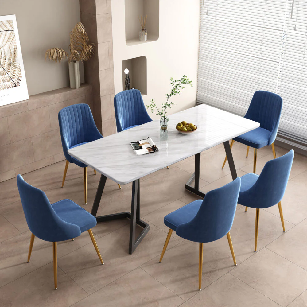 6-Piece Zelma Blue Dining Table & Chair Set Marble Bliss Velvet - Nurns
