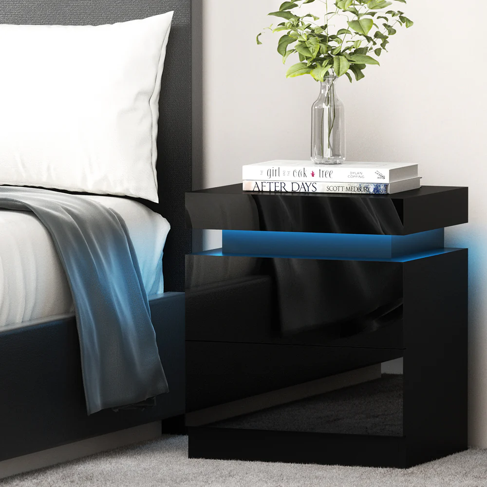 Levis LED High Gloss Bedside Tables Side Table RGB LED High Gloss Nightstand - Black - Nurns