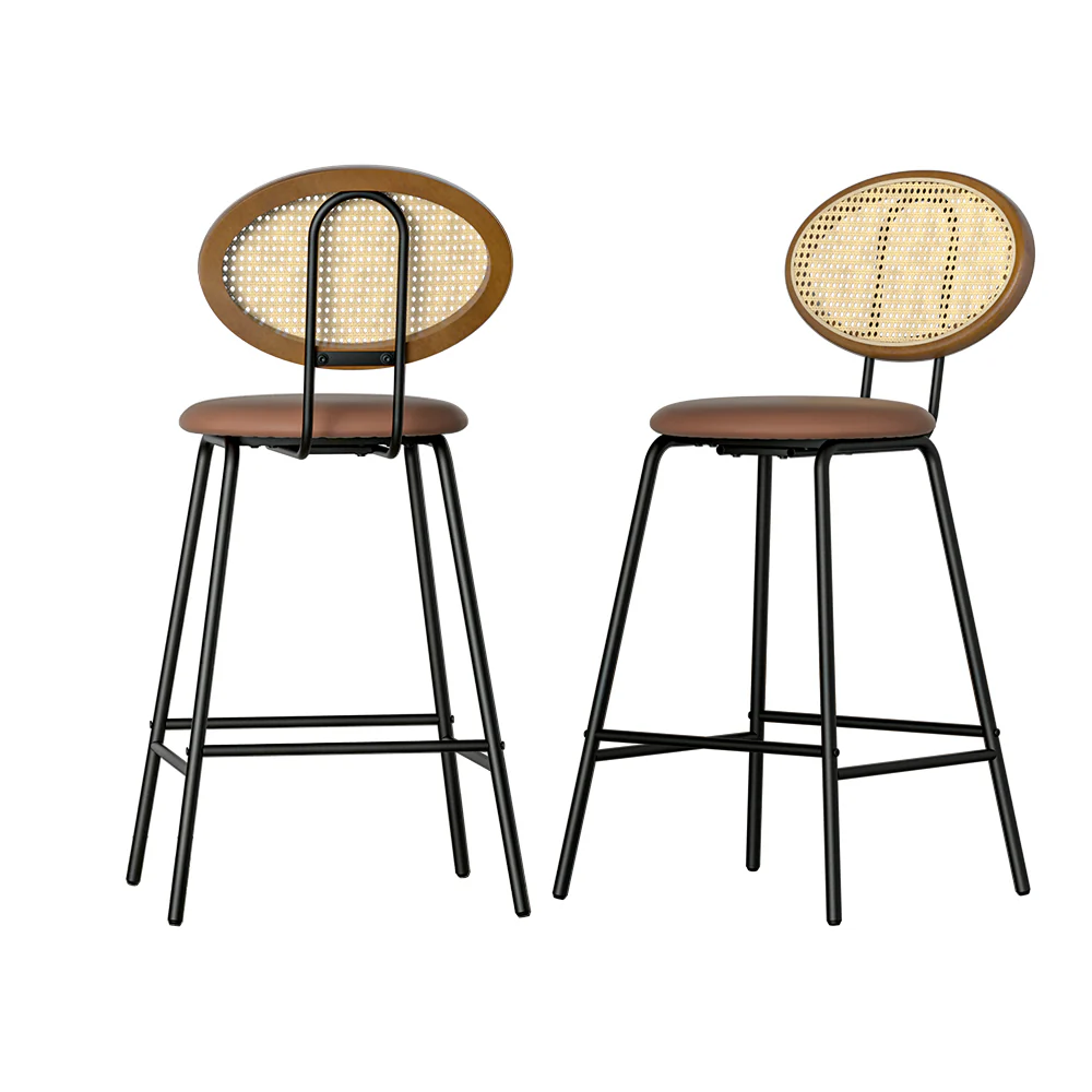 Set of 2 Valletta Bar Stools Kitchen Stool Metal Counter Rattan - Brown - Nurns