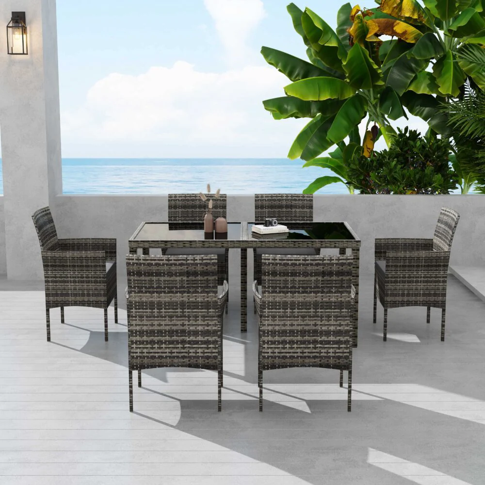 Lowry 6-Seater Rural Style Wicker 7-Piece Dining Set - Grey - Nurns