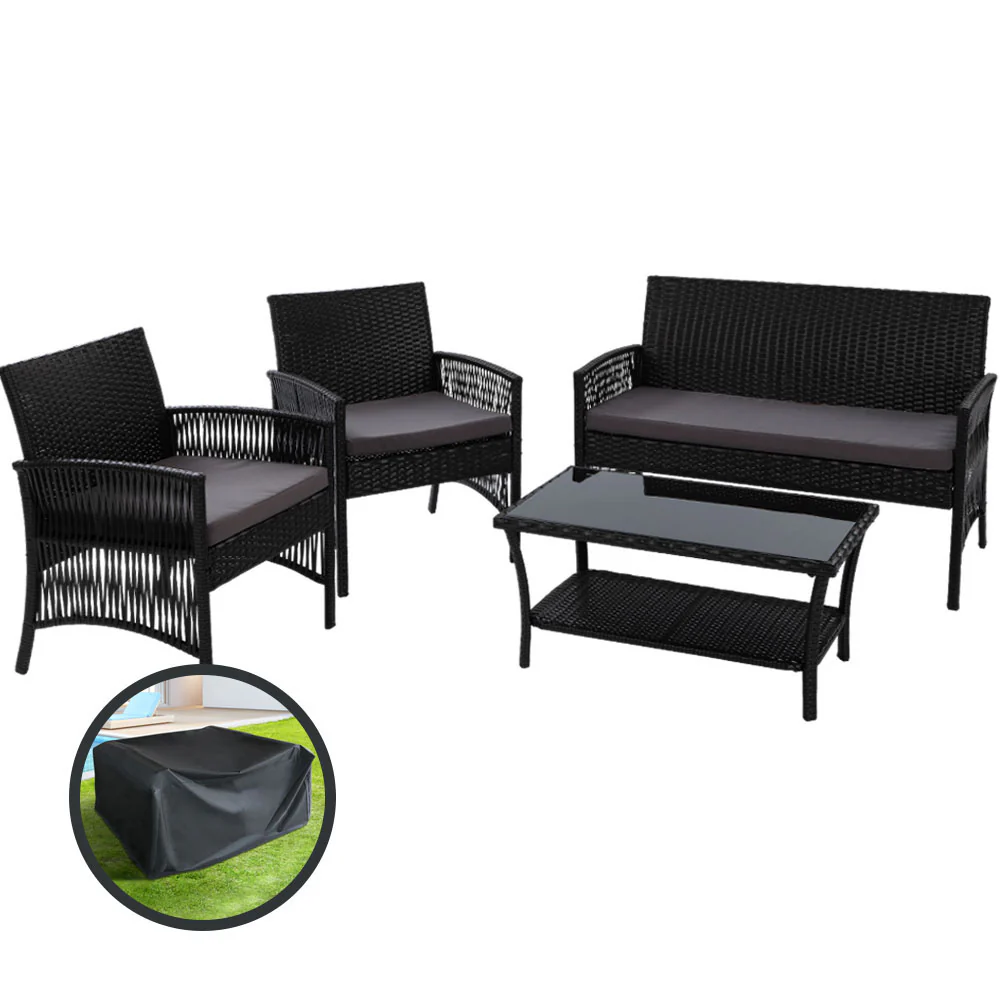 Luis 4-Seater Wicker Harp Chair Table 4-Piece OutdoorSofa Set with Storage Cover - Black - Nurns