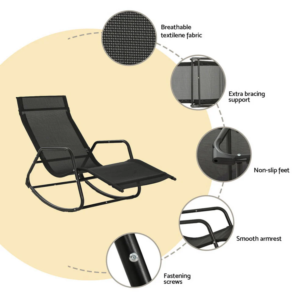 Esmond Sun Lounge Rocking Chair Outdoor Lounger Patio Furniture Pool Garden - Black - Nurns
