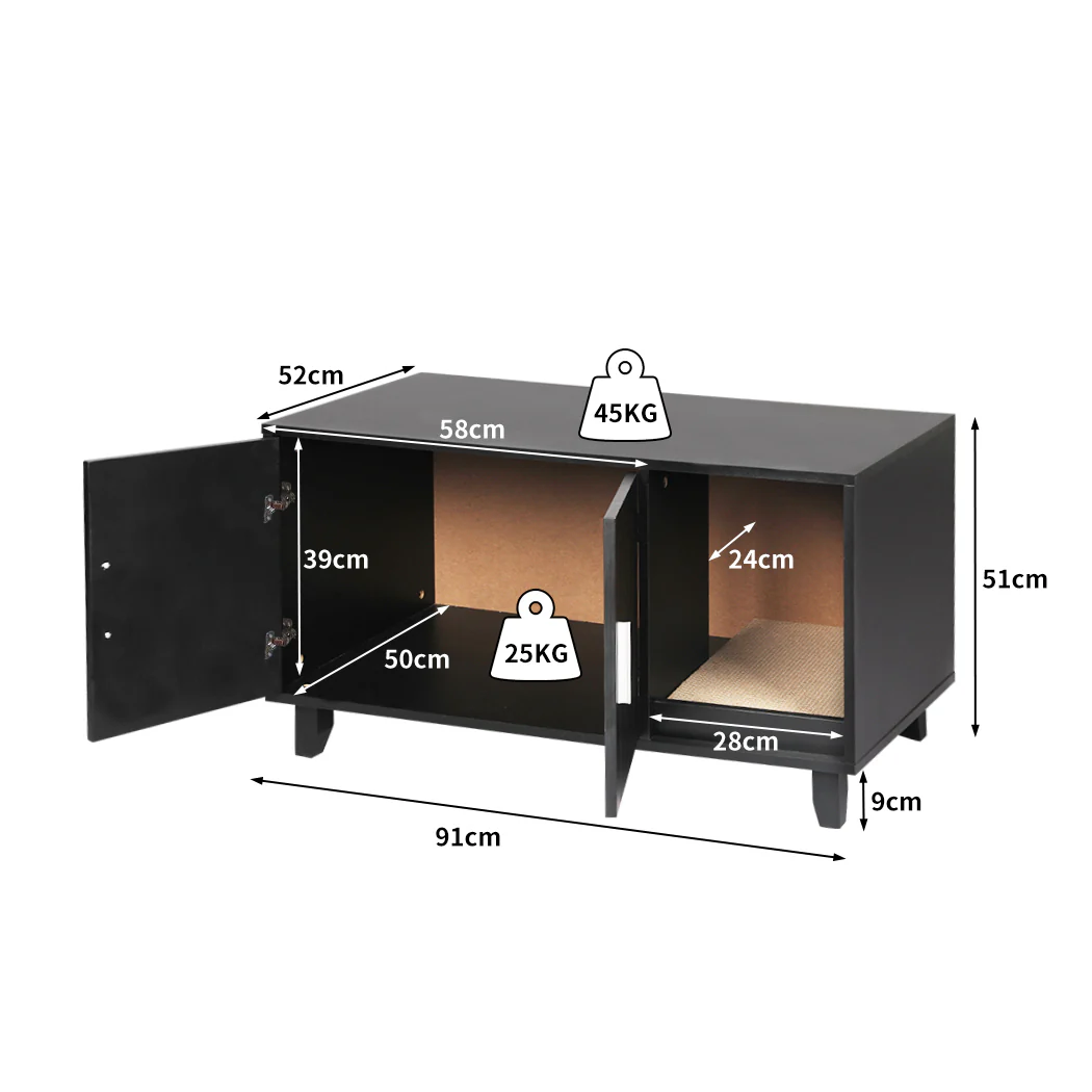 Enclosed Hooded Cat Litter Box Furniture Scratch Board Side Table- Black - Nurns