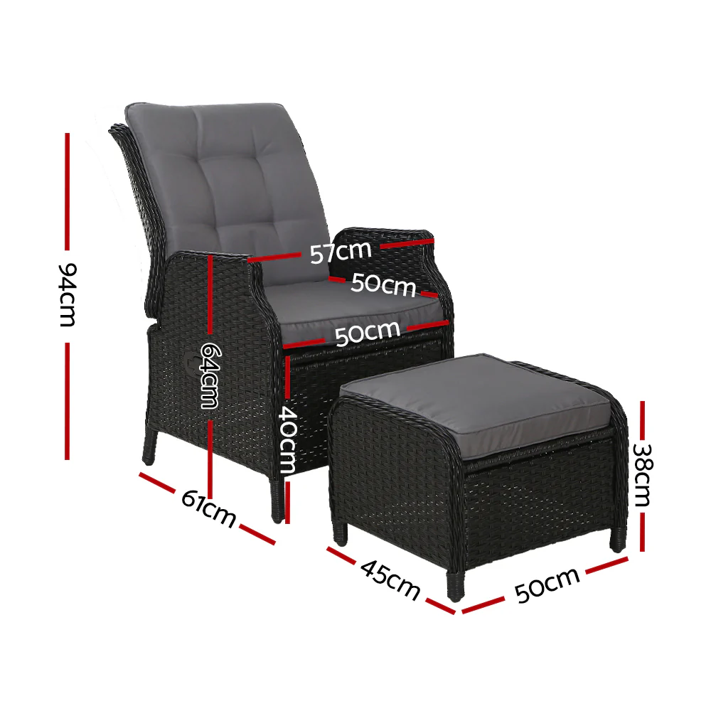 Yeovil Recliner Chair Outdoor Furniture Setting Patio Wicker Sofa Chair and Ottoman - Black - Nurns