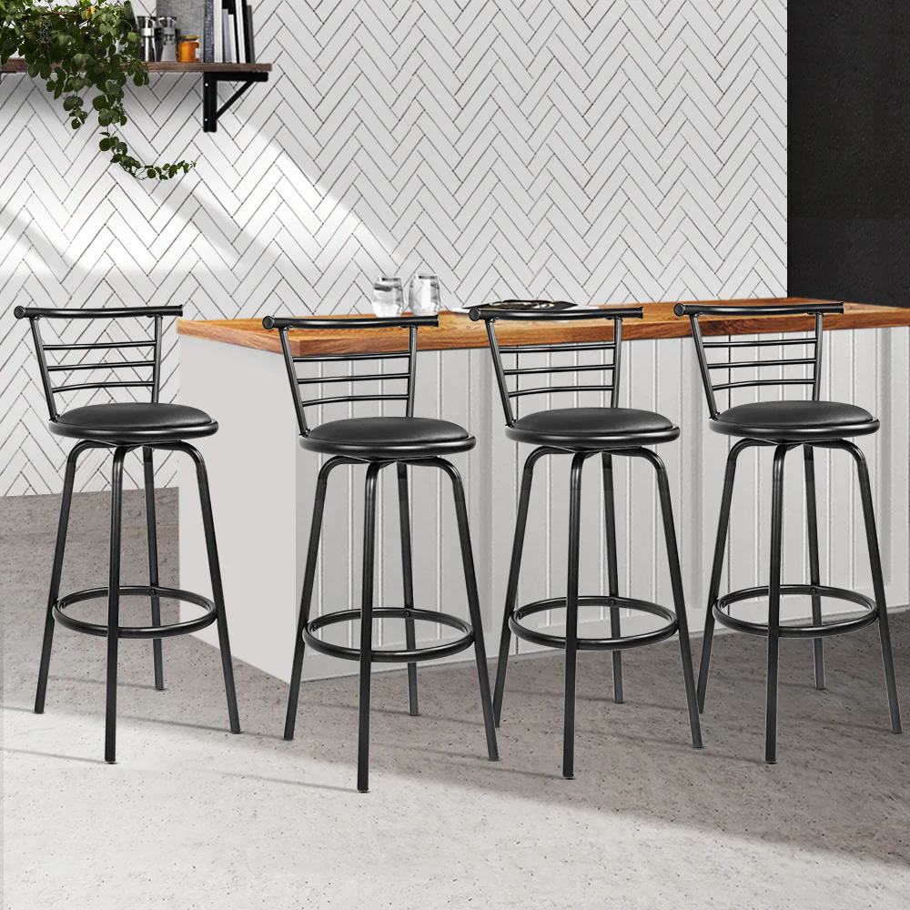 Set of 4 Voula PU Leather Bar Stools - Black & Steel - Nurns