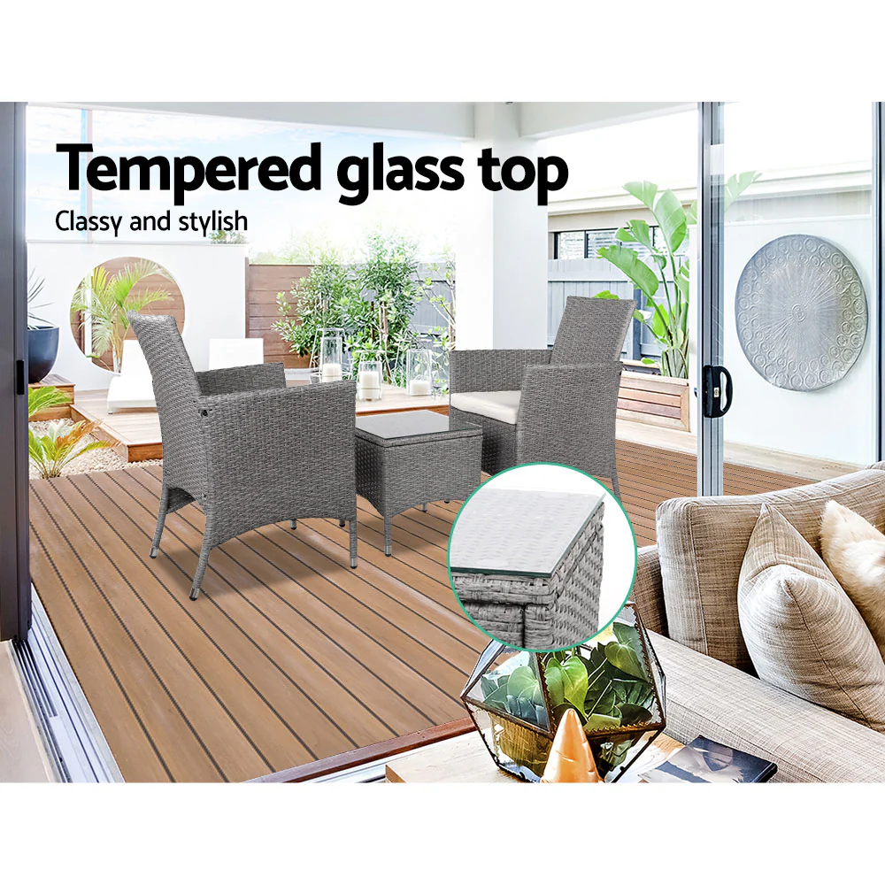 Noah 2-Seater Chair Side Table Furniture 3-Piece Wicker Outdoor - Grey - Nurns