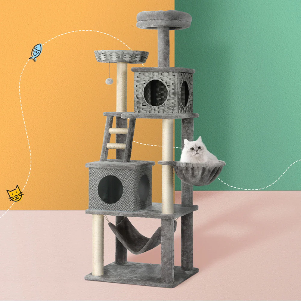Cat Tree 169cm Tower Scratching Post Scratcher Wood Bed Condo House Rattan Ladder - Nurns