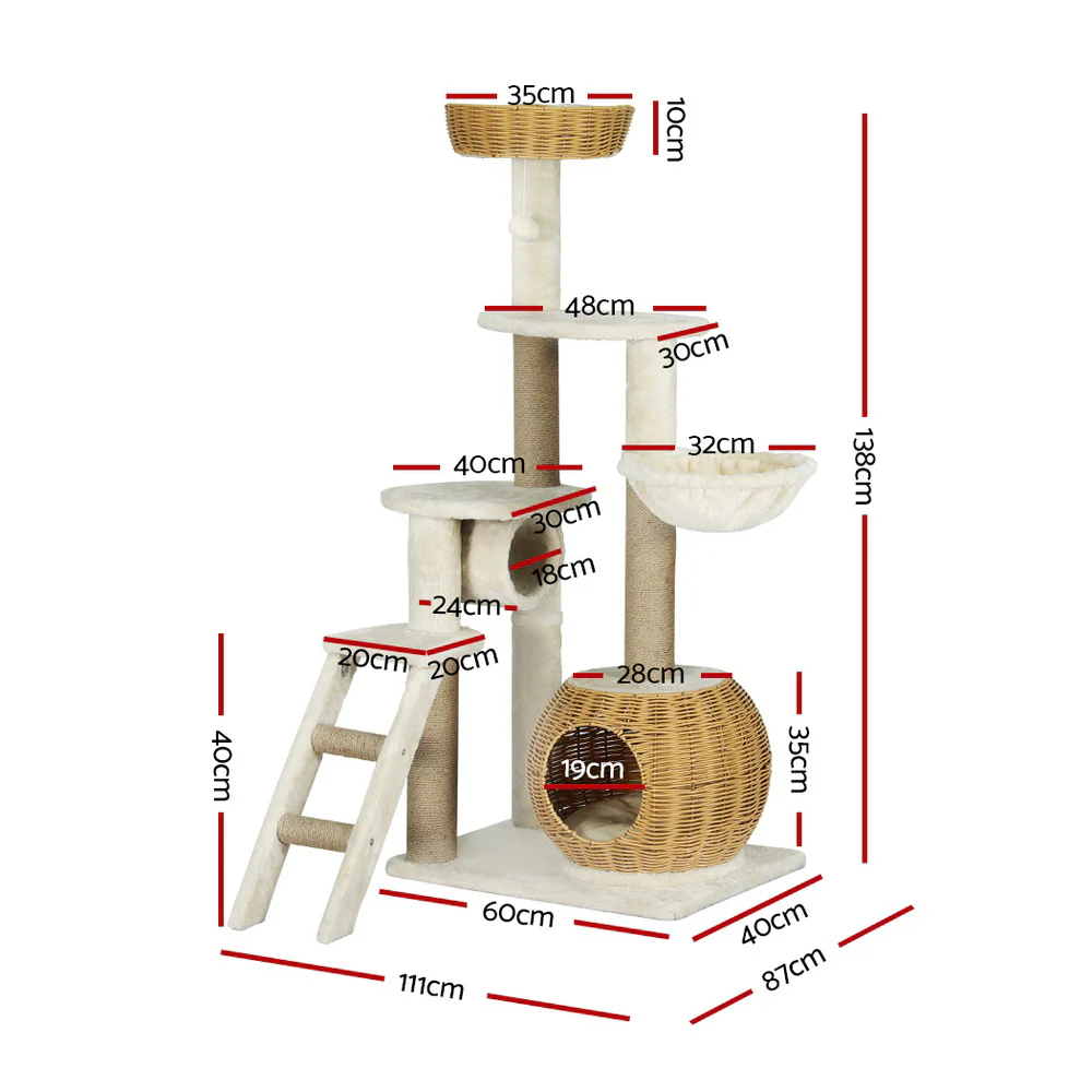 Cat Tree 138cm Tower Scratching Post Scratcher Wood Bed Condo House Rattan Ladder - Nurns
