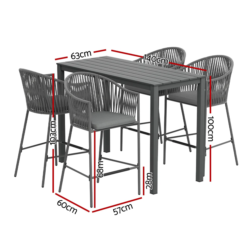 Asher 4-Seater Bar Table Furniture Chairs Table Patio 5-Piece Outdoor Bistro Set - Grey - Nurns