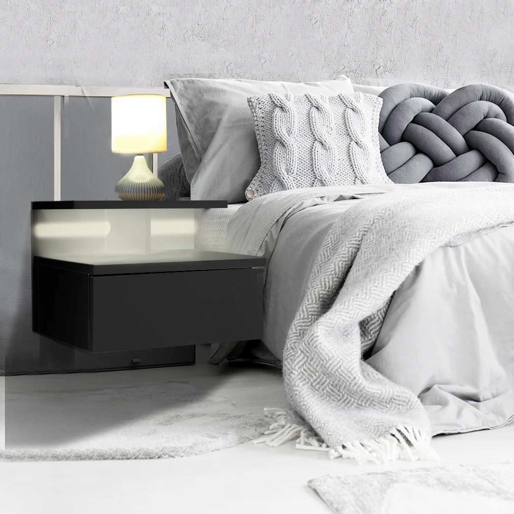 Set of 2 Digby LED Bedside Tables LED Side Table Storage Floating Nightstand X2 - Black - Nurns