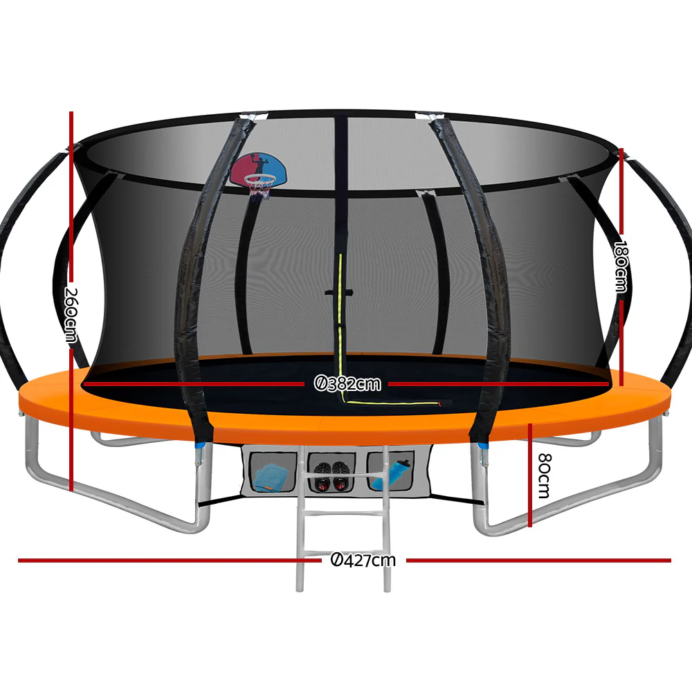 Everfit Trampoline for Kids 14ft Rebounder with Ladder Basketball Hoop Orange - Nurns
