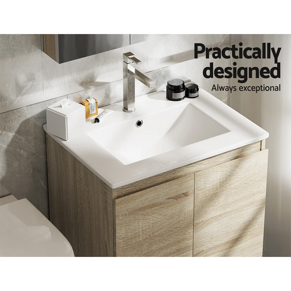 Vanity Unit Basin Cabinet Storage Bathroom Wall Mounted Ceramic 600mm Oak - Nurns