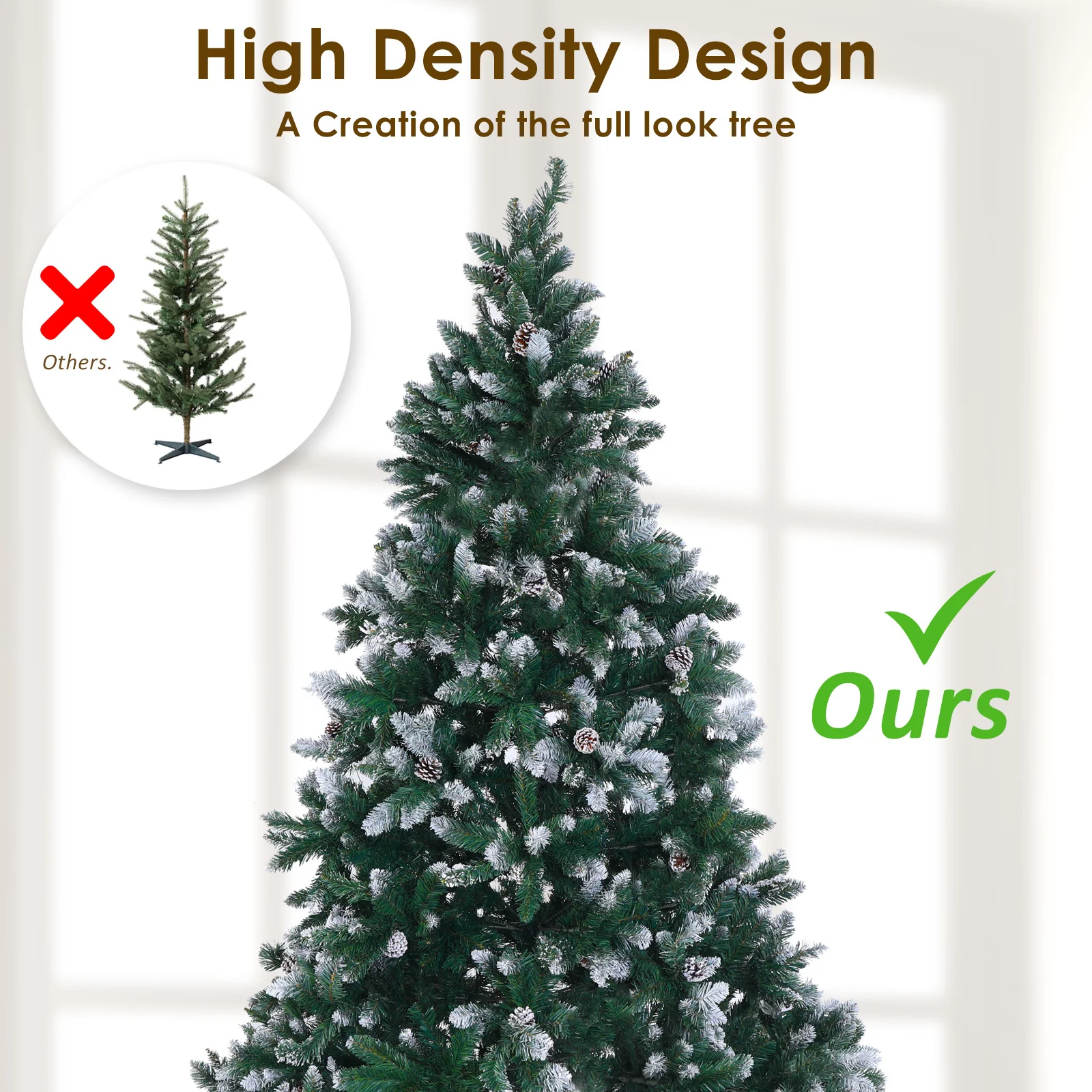 7ft 2.1m 1290 Tips Snowy Christmas Tree Xmas Pine Cones + Bauble Balls Green - Nurns
