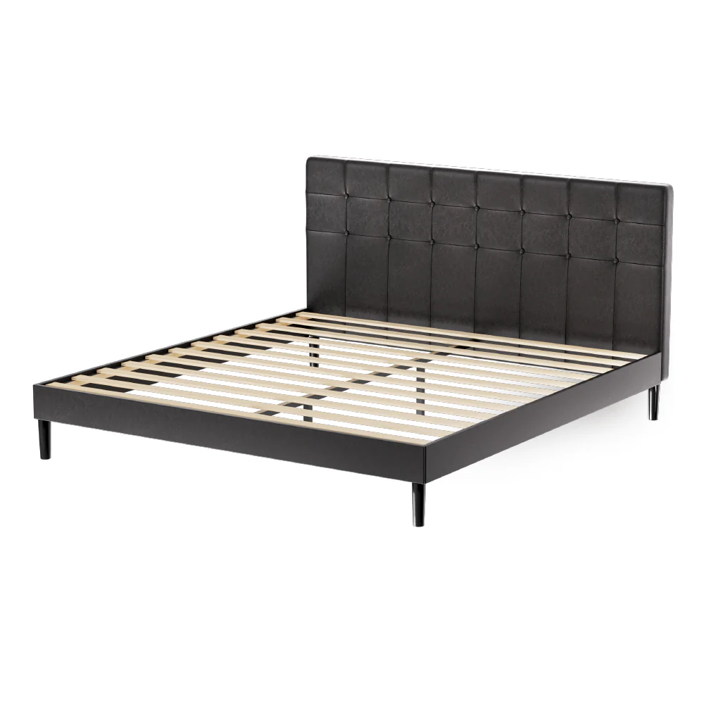 Eloise Bed Frame Base with LED Lights Charge Ports Leather - Black King - Nurns