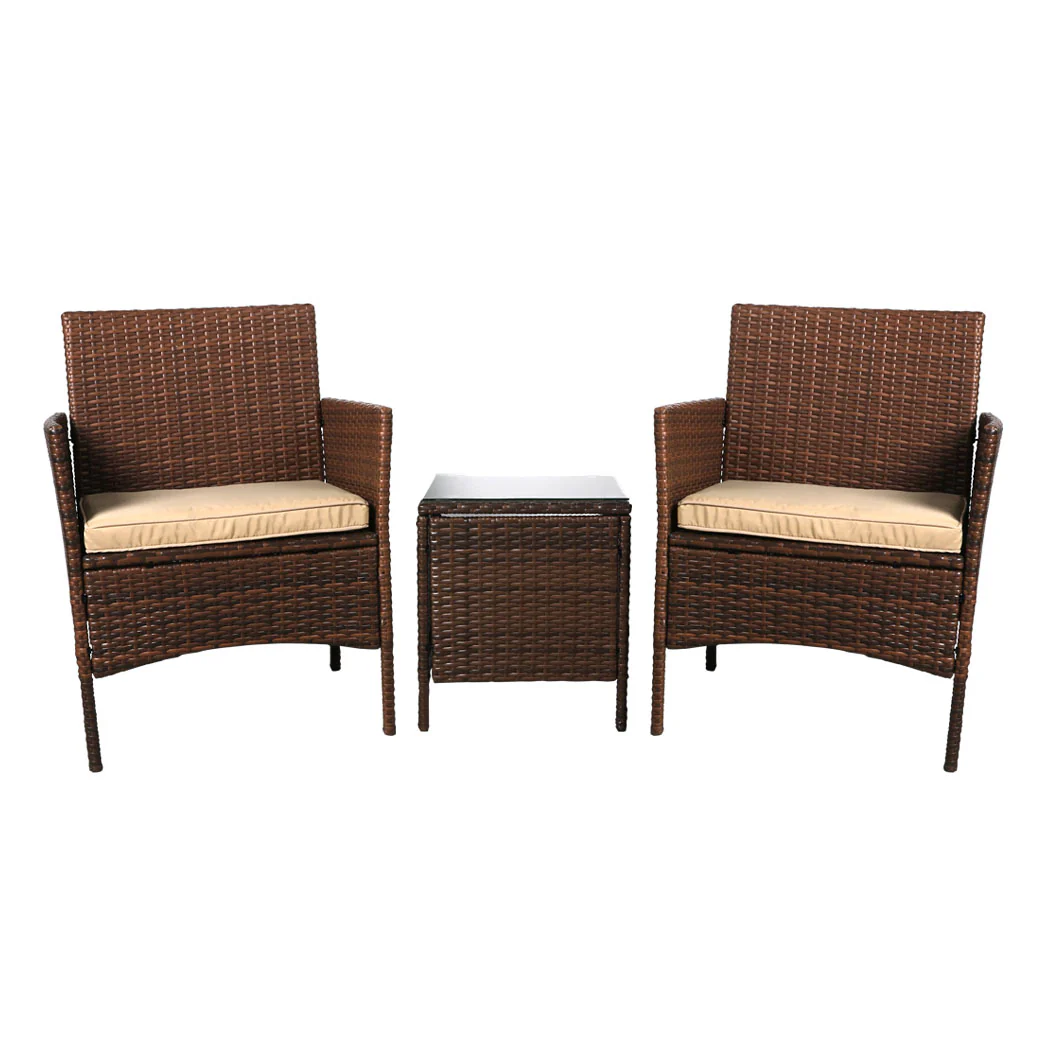Rhyse 2-Seater Furniture Patio Garden Chair Table Rattan Wicker Cushion Seat 3-Piece Outdoor Setting - Brown - Nurns