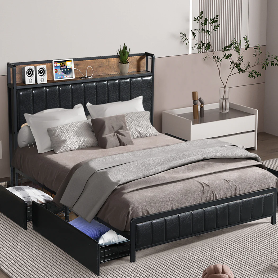 Fargo Bed Frame PU with 4 Drawers and USB Charger - Black Queen - Nurns