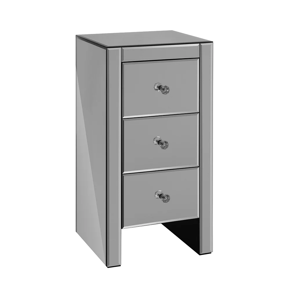 Rouyn Mirrored Bedside Tables Mirrored Glass with 3 Drawers - Grey - Nurns