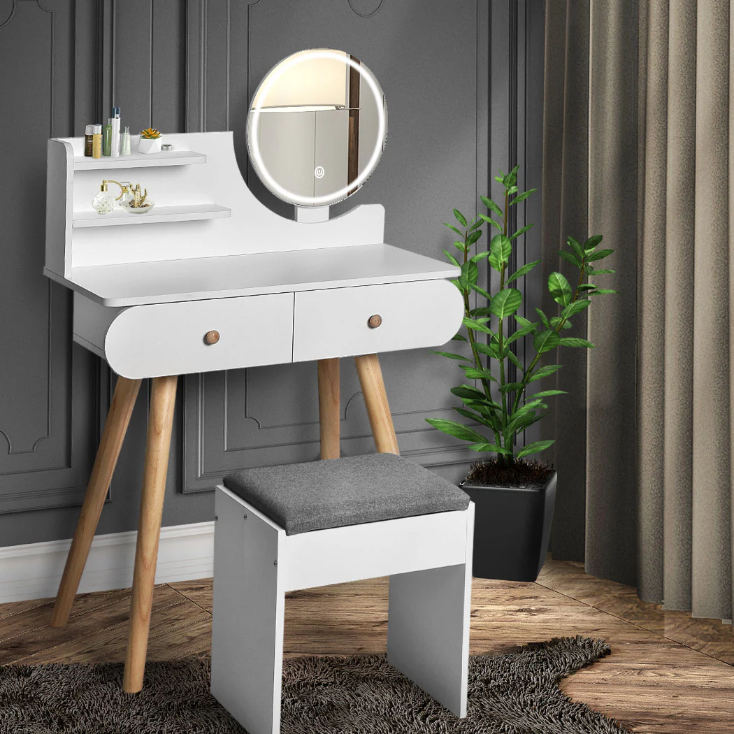 Dressing Table Stool LED Mirror Jewellery Cabinet Makeup Storage 3 Colour - Nurns
