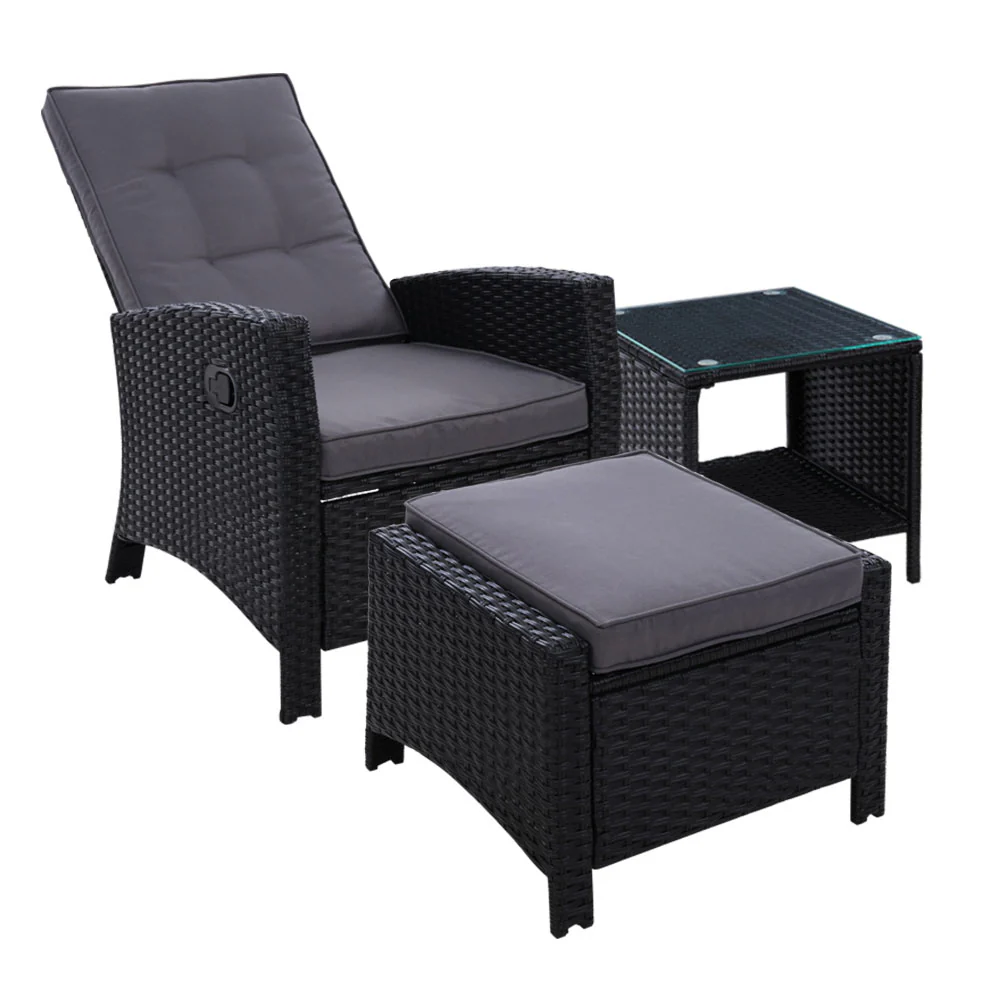 Ross 3-Piece Recliner Chairs Table Wicker Outdoor Furniture Adjustable - Black - Nurns
