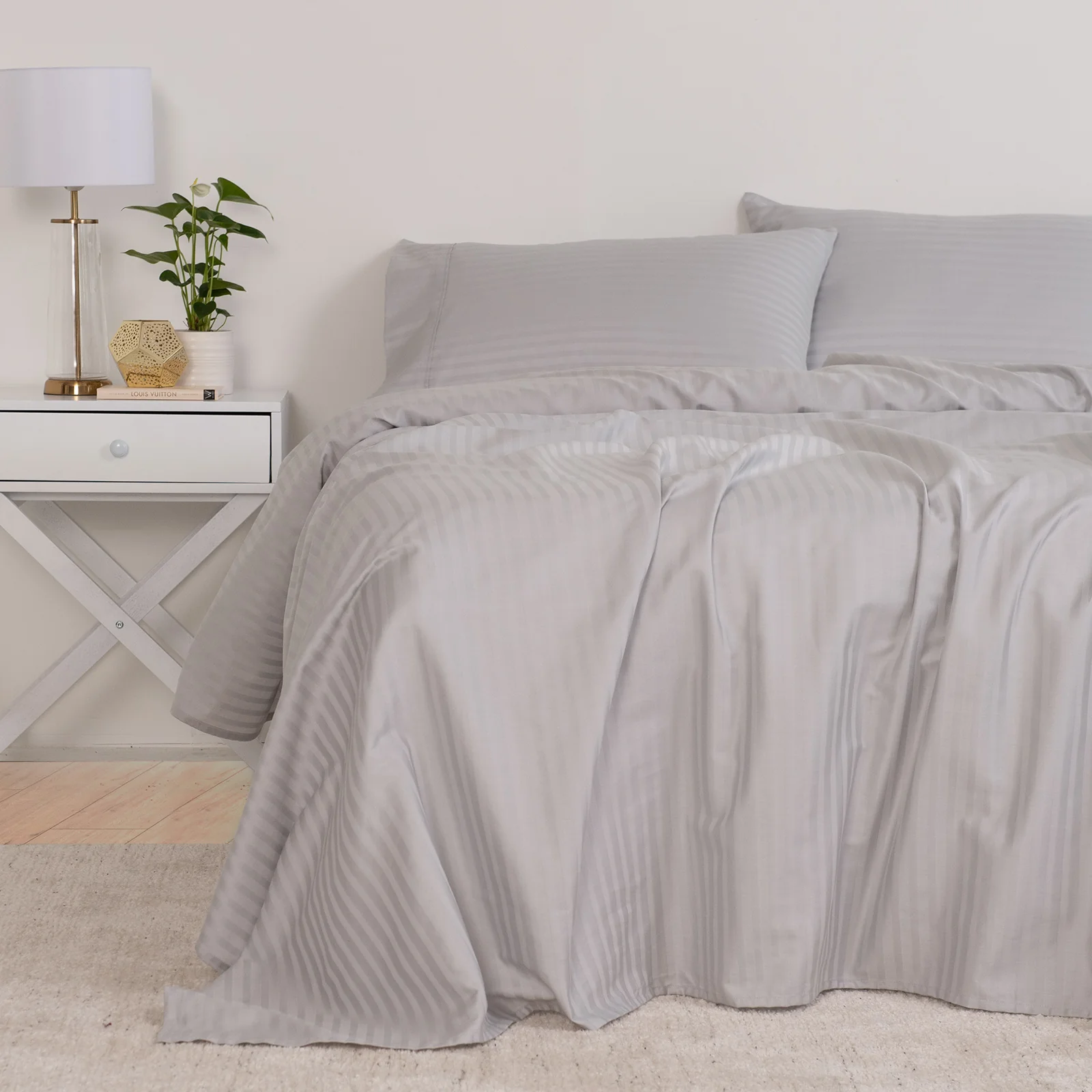 Double Kensington 1200TC Cotton Sheet Set Stripe - Silver Grey - Nurns