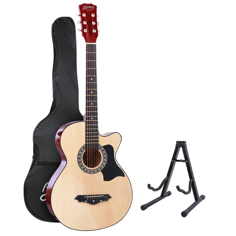 Alpha 38 Inch Acoustic Guitar Wooden Body Steel String Full Size w/ Stand Wood - Nurns