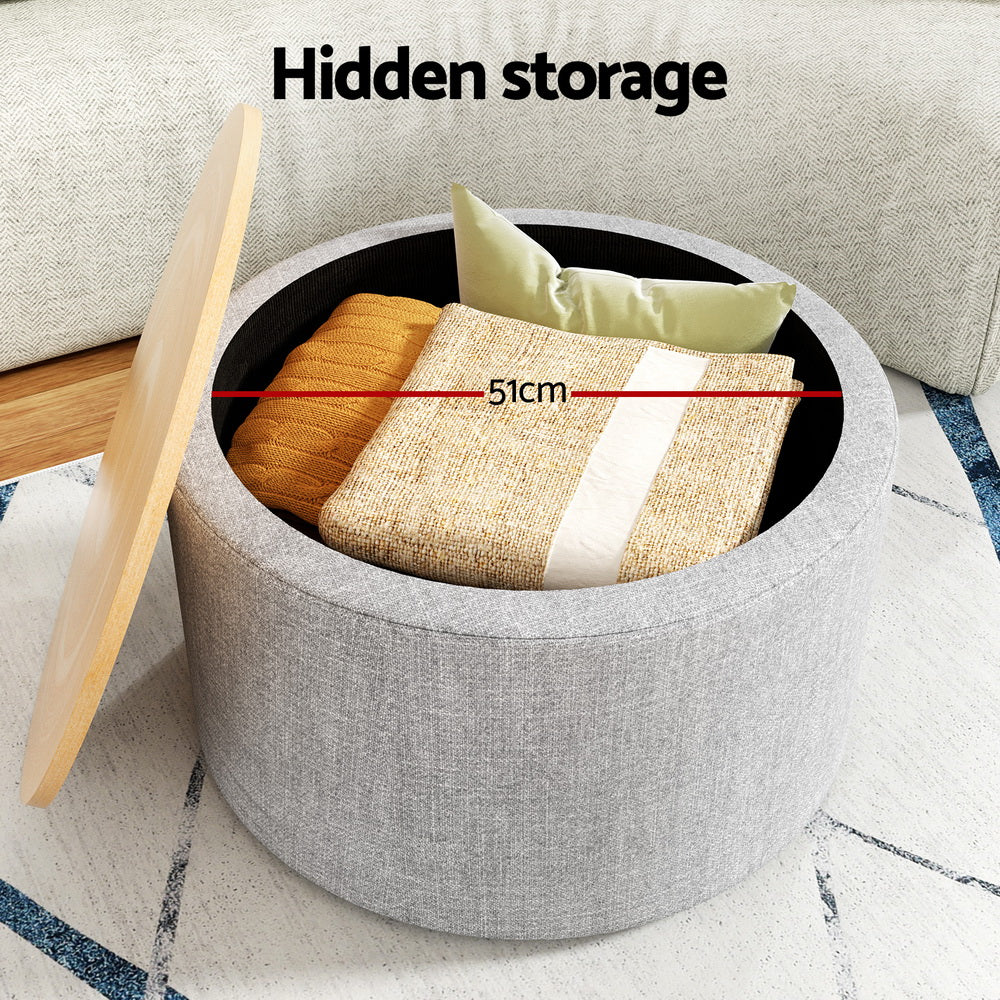 Storage Ottoman Blanket Box 60cm Linen Round - Grey - Nurns