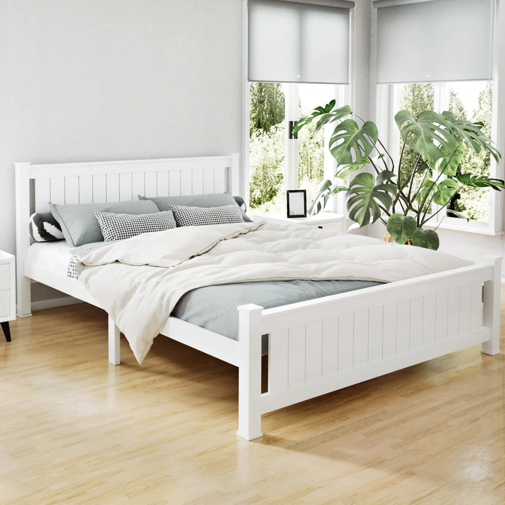 Norwich Queen Bedroom Suite 5 Piece 1x Queen Mattress, 1x Queen Wooden Bed Frame, 2x White Bedside Tables and 1x White Tallboy - Nurns