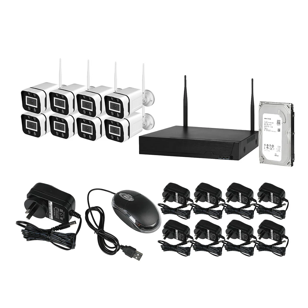 Set of 8 Wireless Security Camera System Set Square with NVR Hard Drive - White - Nurns