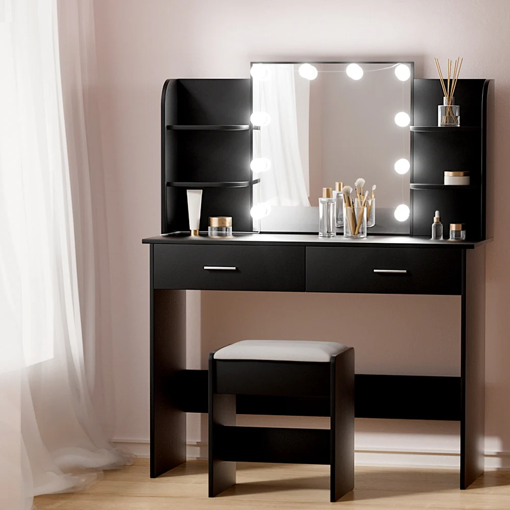 Dressing Table LED Makeup Mirror Stool Set 10 Bulbs Vanity Desk Black - Nurns